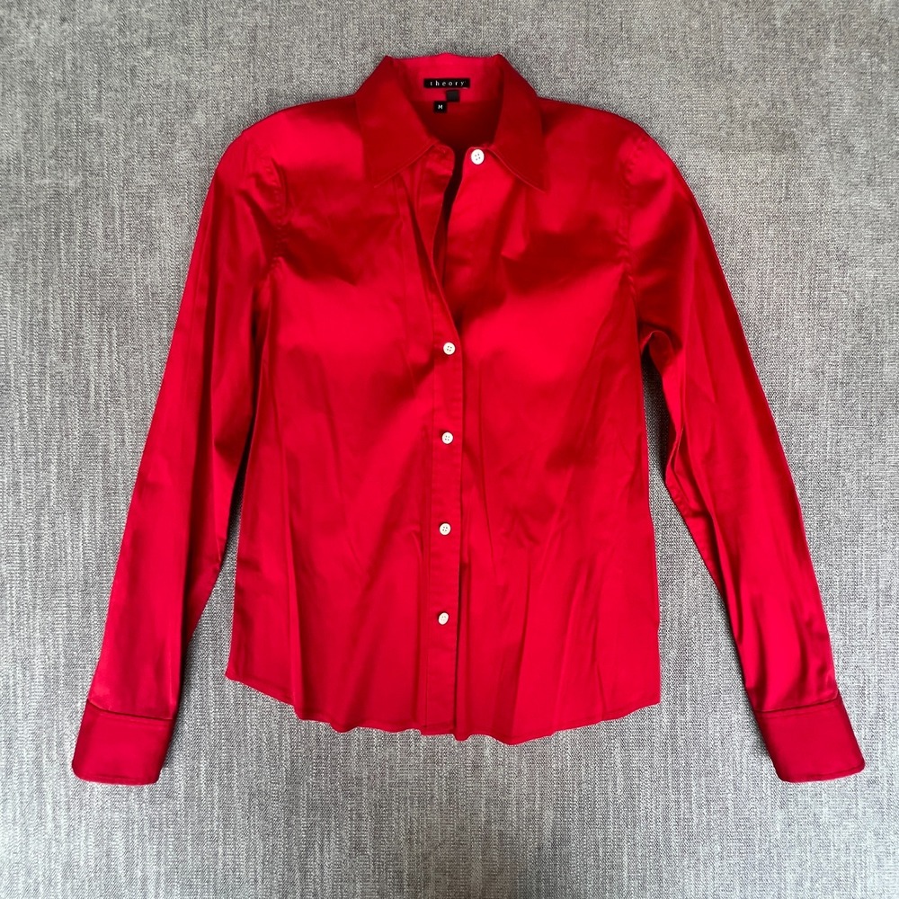 Theory Shirt Top Womens M Red Long Sleeve Office Sleek Quiet Luxury Button-Up